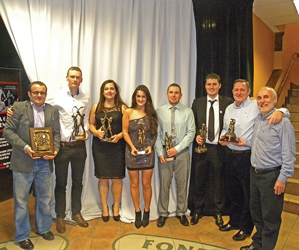Above: Congratulations  to all those who were honoured for their various achievements during the year: L to R: Ciarán Murphy as Club Person of the Year, Niall O’Regan as Senior Hurler of the Year, Lynn Dunne as Camogie Player of the Year, Nuala McMahon as Junior Ladies Footballer of the Year, Anto Quinlan as Junior Footballer of the Year, Joe Hennessy as Senior Footballer of the Year and Roger McGrath and Felix O’Regan as managers of the Team of the Year – the U-14 Féile-winning footballers. Not in picture are Lisa Curtin as Senior Ladies Footballer of the Year and Conor Hurley, who received a special Merit Award for his work with the Intermediate Footballers. 