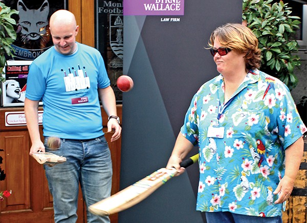  Pictured: Paddy Halpin and Janice Walsh Chairwoman from Pembroke Cricket Club practise for the world record of keep up with cricket bats.