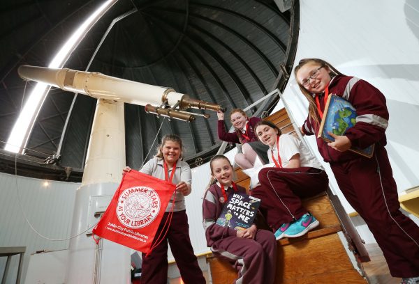 No Repro Fee. Reaching for the Stars… Abbie Phoenix (left) with Sinead Quinlan, Cassie White, Aoife O’Connor and Alisha Donegan (right) 4th Class Pupils from St. Joseph's GNS, Finglas pictured at the launch of the "Be a Summer Star" national reading programme at Dunsink Observatory, Dublin. Dublin City Public Libraries invites all children and families to get involved in ‘Be a Summer Star’, the National Summer Reading Programme. The programme runs until 31st August, in all local libraries and is free of charge. To participate, children should request a reading card at their local library and read any six books over the summer holidays.  At various stages boys and girls will receive rewards to encourage them to keep reading. Those who take part in the challenge will be invited to an event in their local library in September to celebrate participation. They will receive a Certificate of Achievement and goodie pack. All library events are free but some need to be booked early to secure a place.  Keep informed and up to date by regularly checking your Library Events page at www.dublincitypubliclibraries.ie Pic. Robbie Reynolds
