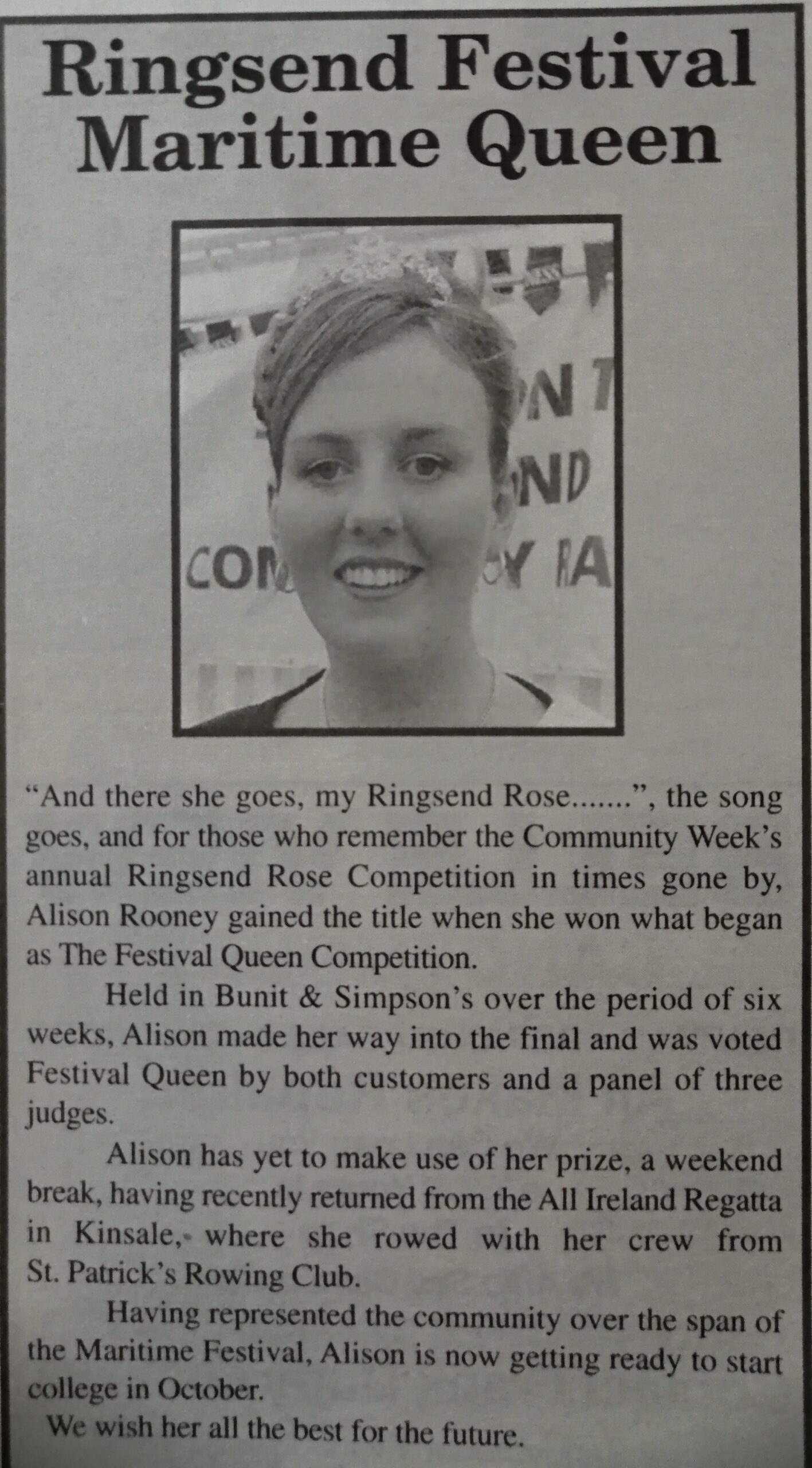 Alison Rooney won the Festival Queen Title, our Ringsend Rose