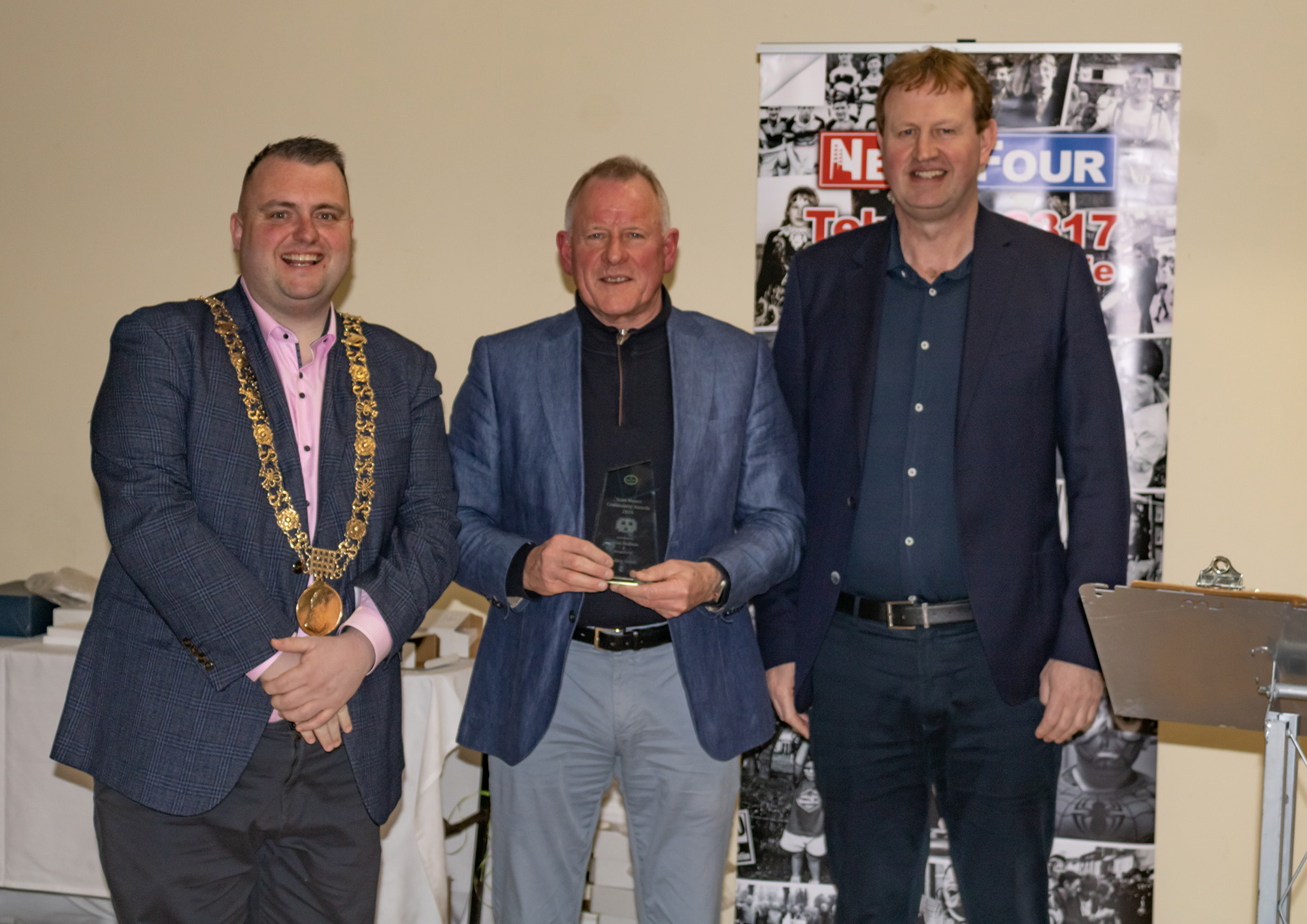 David Turner, Chair SAMRA, with Lord Mayor Daithí de Róiste and Jim O’Callaghan TD accepting award on behalf of Rodney Devitt
